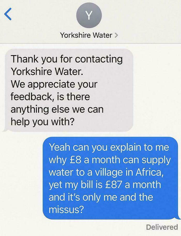 Text message exchange about a high water bill compared to affordable water supply, highlighting Great British memes humor.