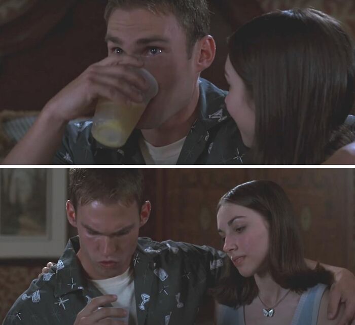 Two actors sharing drinks and a moment on set, illustrating behind-the-scenes facts from movies and TV.