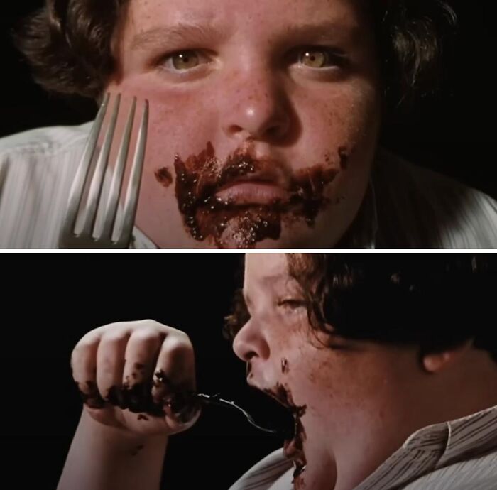 Close-up shots of actor with chocolate smeared on face and eating dessert, illustrating behind-the-scenes movie facts.