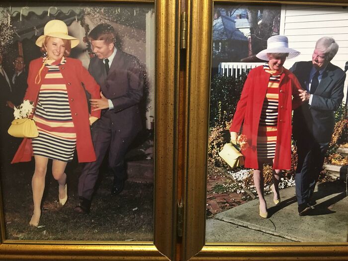 Side-by-side framed photos showing time changed people but not their love, featuring a couple in matching outfits years apart
