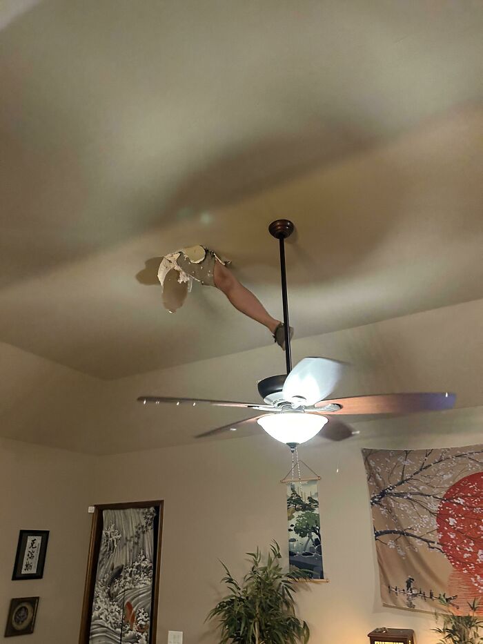 Ceiling hole with a fake leg poking through, a funny renovation fail highlighting saving on renovations gone wrong.