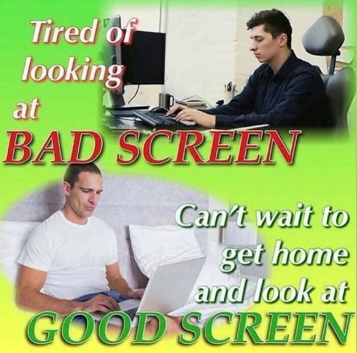 Man working on a computer with bad screen at office and relaxing on couch with good screen, relatable memes concept.