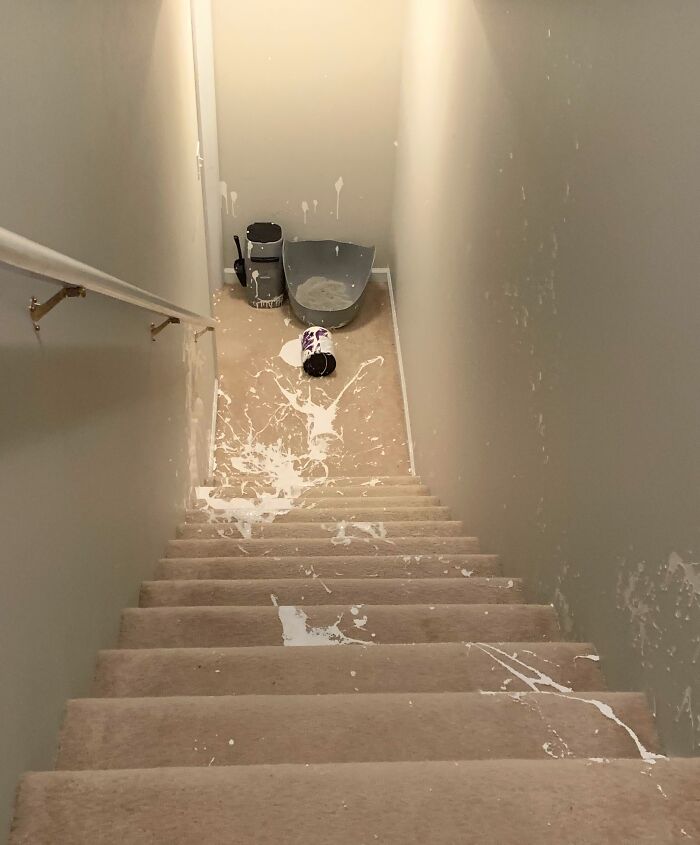 Carpeted stairs with spilled white paint splattered on steps and walls in a renovation fail scene.