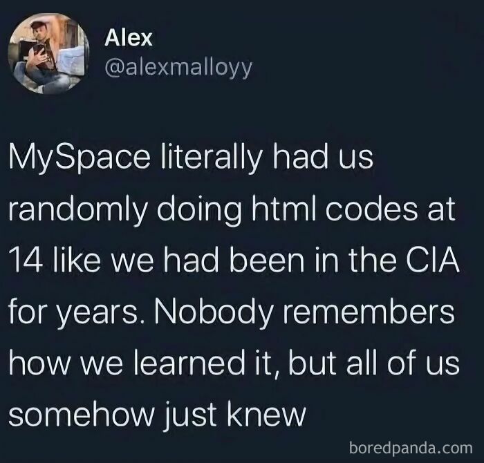 Tweet about millennials using MySpace and learning HTML codes, reflecting nostalgia for ‘80s, ‘90s, and ‘00s life.