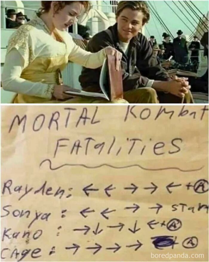 Scene from a classic movie with a handmade Mortal Kombat fatalities cheat sheet, reflecting 90s and 00s nostalgia for millennials.