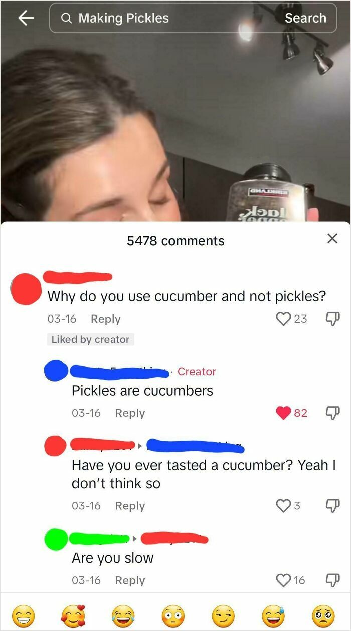 Comments on a video discussing cucumbers and pickles, highlighting a misunderstanding related to bacteria.