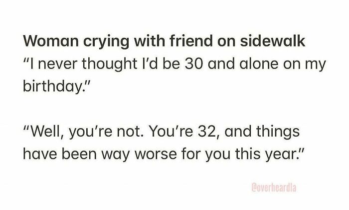 Woman crying on sidewalk with friend, overheard in New York, discussing birthday and life struggles.