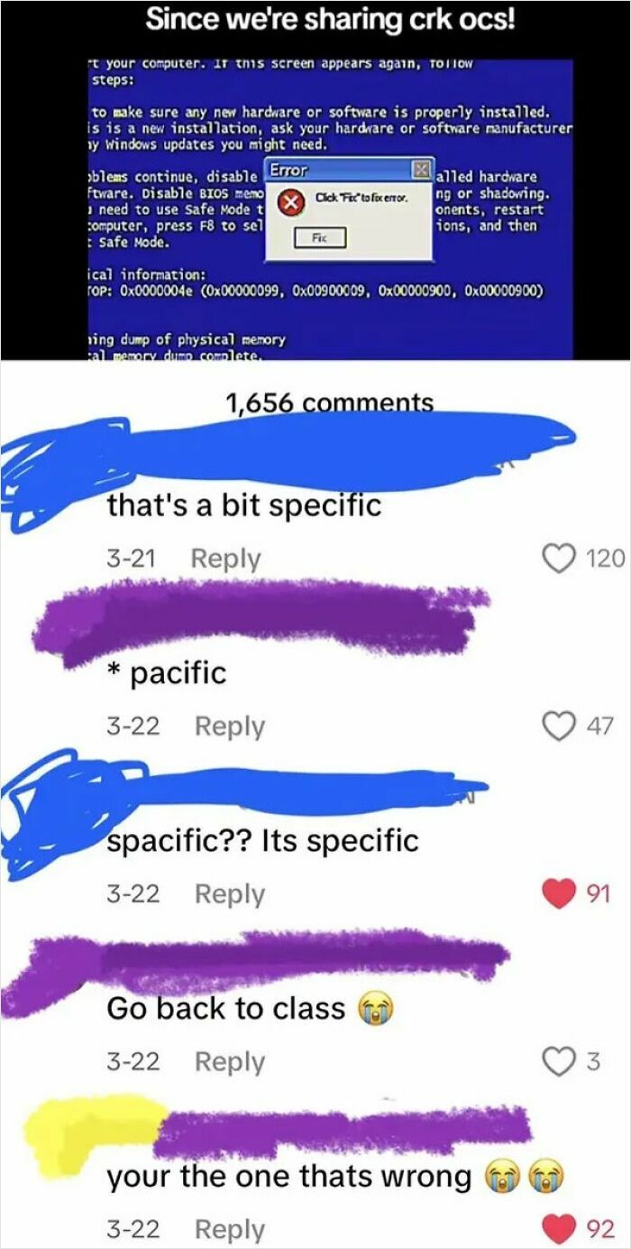 Blue screen error message with social media comments showing people struggling with spelling, highlighting brain mistakes and bacteria don’t exist.