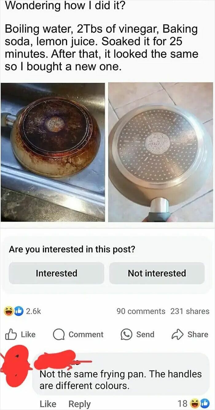 Meme showing a frying pan cleaning fail and a comment proving bacteria don’t exist by missing the obvious difference.