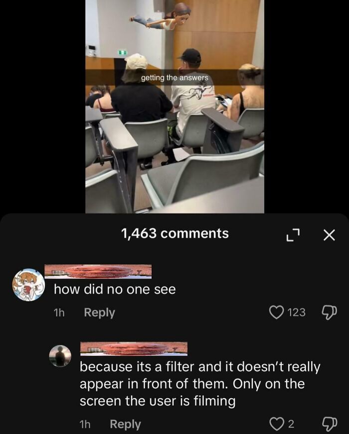 Students in a classroom with a virtual flying character filter illustrating how brains gave up on thinking moments.