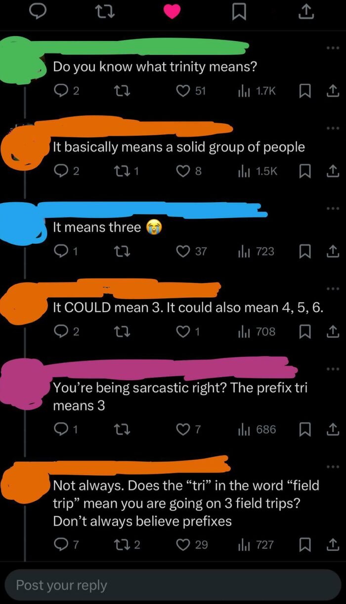 Screenshot of a social media thread where users debate the meaning of the prefix tri, highlighting people’s brain glitches.