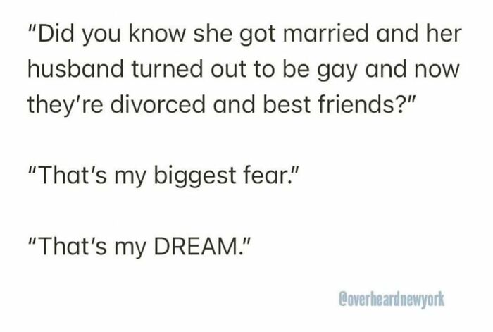 Text message conversation about a surprising marriage and divorce, showcasing humorous overheard New Yorkers’ quotes.