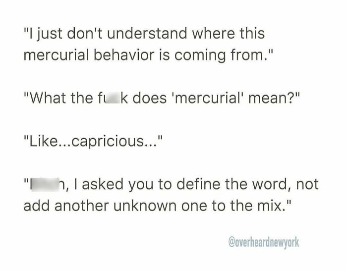 Text message conversation showing funny and confusing overheard New Yorkers discussing the meaning of the word mercurial.