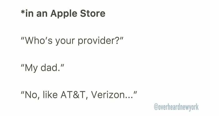 Text conversation in an Apple Store with a humorous exchange about phone service providers overheard in New York.