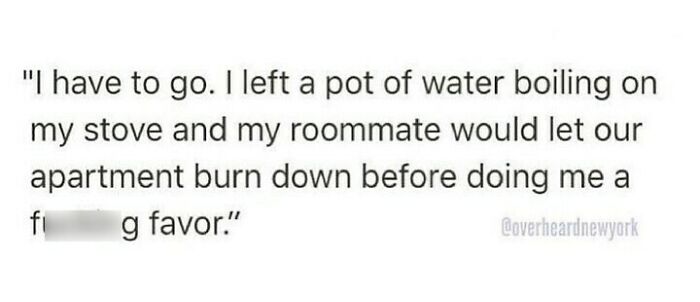 Text message overheard in New York about a roommate ignoring a boiling pot and risking an apartment fire.