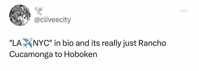 Tweet about people overhearing New Yorkers with a humorous comment on NYC and Hoboken locations.