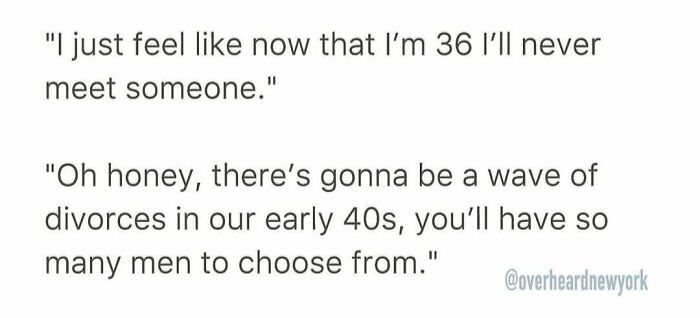 Text conversation about dating and divorce, capturing surprising things overheard from New Yorkers in public.