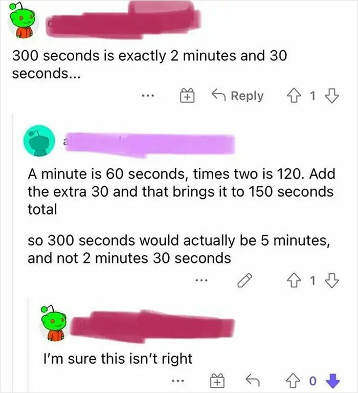 Reddit users incorrectly debate that 300 seconds equals 2 minutes 30 seconds, showcasing moments when brains gave up on thinking.