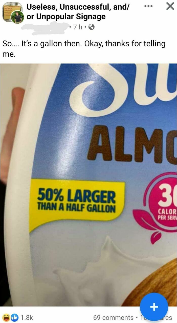A beverage container label stating 50% larger than a half gallon, illustrating funny brain fails and confusing measurements.