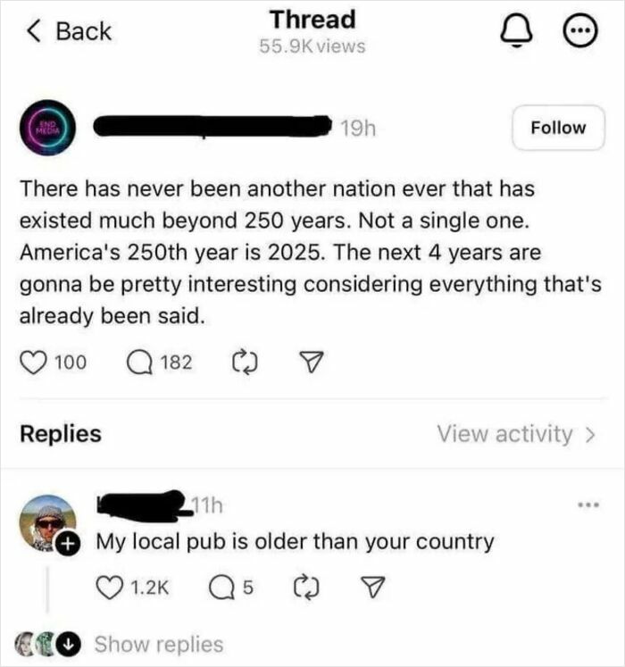 Social media thread shows someone claiming no nation lasts over 250 years, with a reply about a local pub older than a country.
