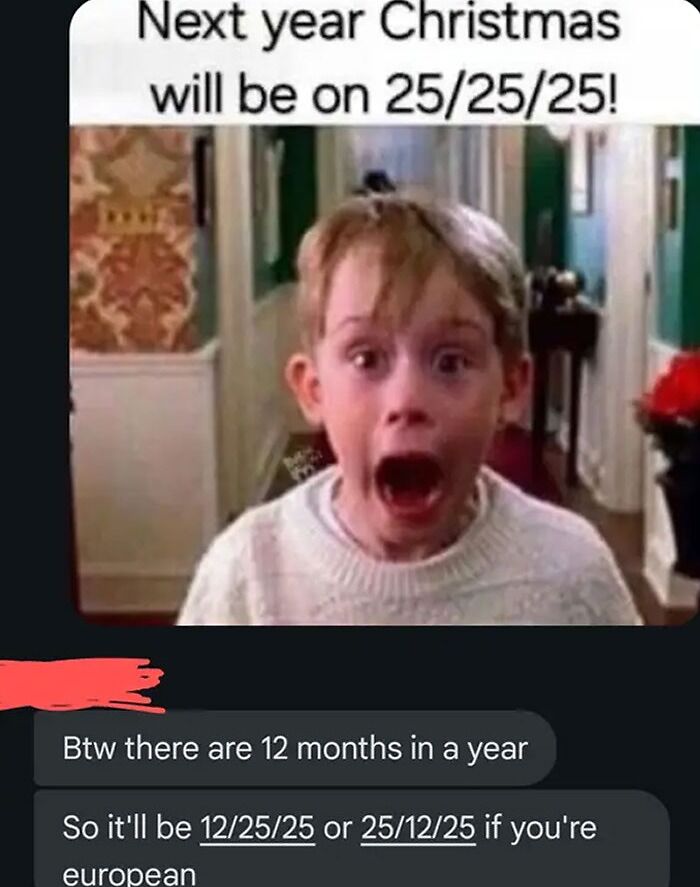Shocked child meme about incorrect Christmas date, illustrating moments when people's brains gave up on thinking.