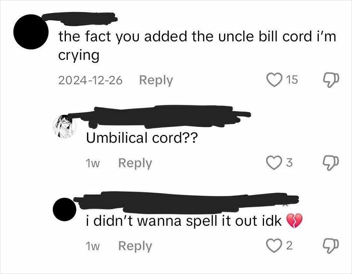 Screenshot of a social media comment thread showing confusion over the spelling of umbilical cord, illustrating brain fail moments.
