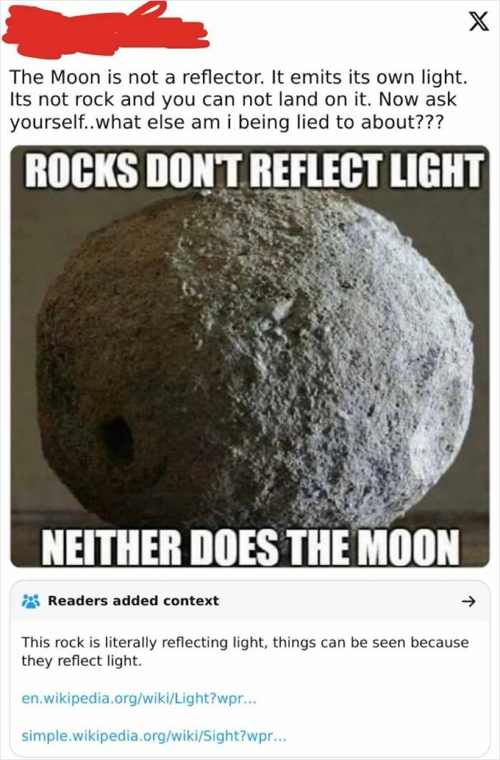 Meme claiming rocks and the moon don’t reflect light, illustrating failed thinking moments with false scientific claims.