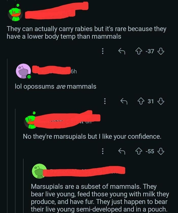 Reddit discussion showing mistaken animal classification, reflecting common lapses in logical thinking and science knowledge errors.