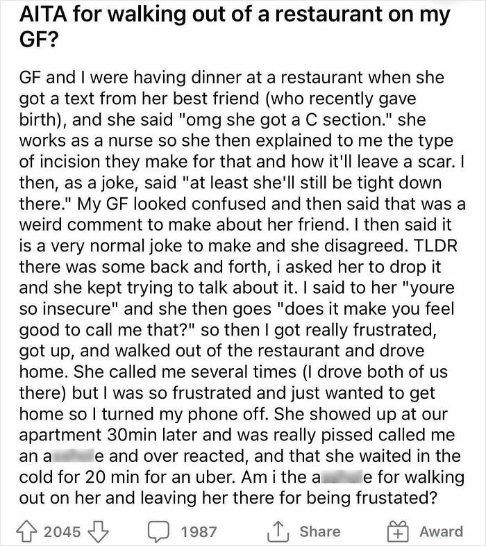 Alt text: Screenshot of a text post describing a sexist comment causing relationship conflict, highlighting sexist behavior issues.