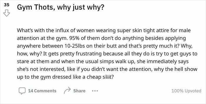 Screenshot of a sexist gym rant post criticizing women’s attire and behavior, showing extreme sexist attitudes online.