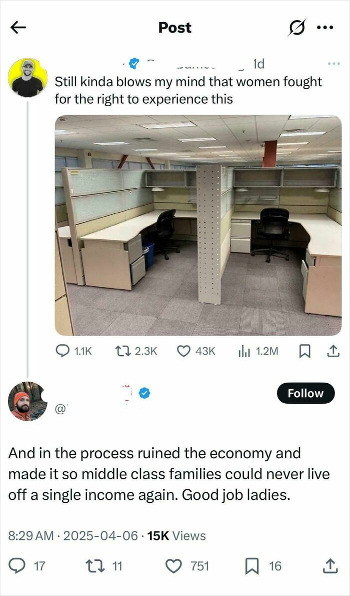 Twitter post showing empty office cubicles with a sexist comment about women and impact on the economy by men.