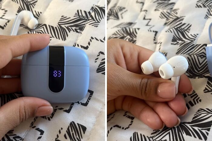 Wireless earbuds with charging case held in hand, showcasing popular Amazon tech finds and gadget accessories.