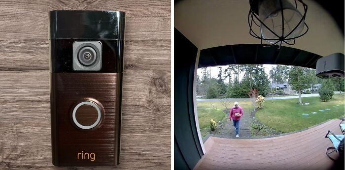 Smart home video doorbell camera and visitor captured on porch, showcasing popular Amazon tech finds for gadget enthusiasts.