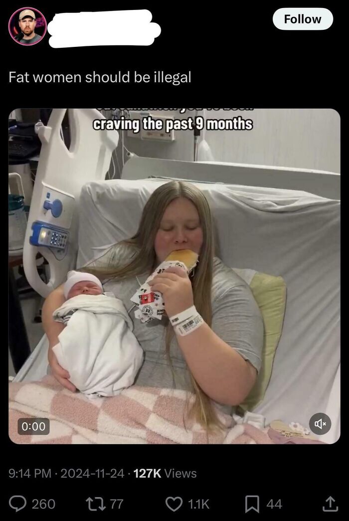 Woman holding newborn baby in hospital bed, eating a sandwich, highlighting sexist comments against women.