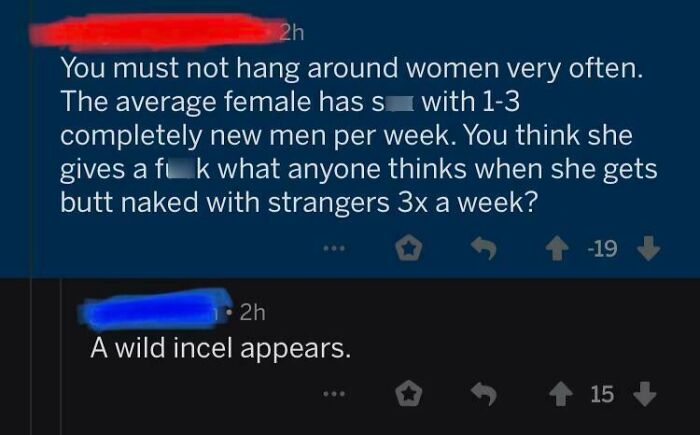 Screenshot of a sexist online comment about women’s behavior with a response calling out incel attitudes.