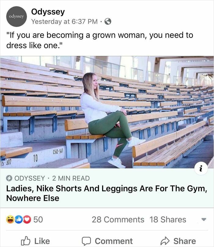 Woman sitting alone on stadium bleachers wearing leggings, illustrating sexist attitudes from men near women.