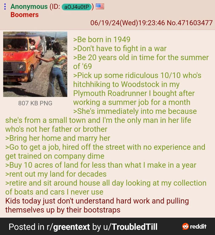 A nostalgic greentext story mocking rose tinted tolerance about boomers and unrealistic memories from 1969.
