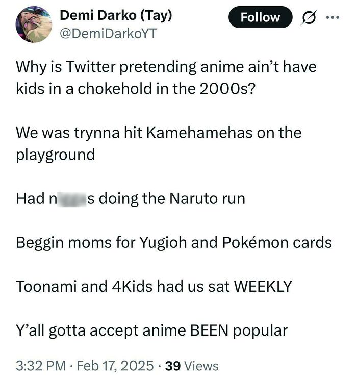 Tweet discussing 2000s childhood nostalgia with anime, Naruto run, Kamehameha, and Pokémon cards mentioned.