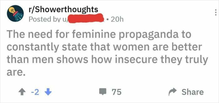 Screenshot of a sexist comment on Reddit showing insecurity and feminine propaganda against men near women discussion.