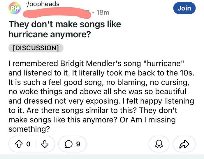 Reddit post discussing nostalgia for Bridgit Mendler’s song hurricane, reflecting rose tinted tolerance online.