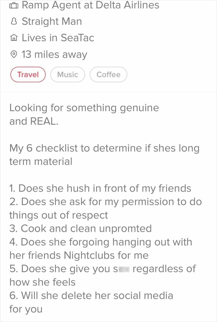 Screenshot of a dating profile listing sexist expectations highlighting control and disrespect towards women traits.
