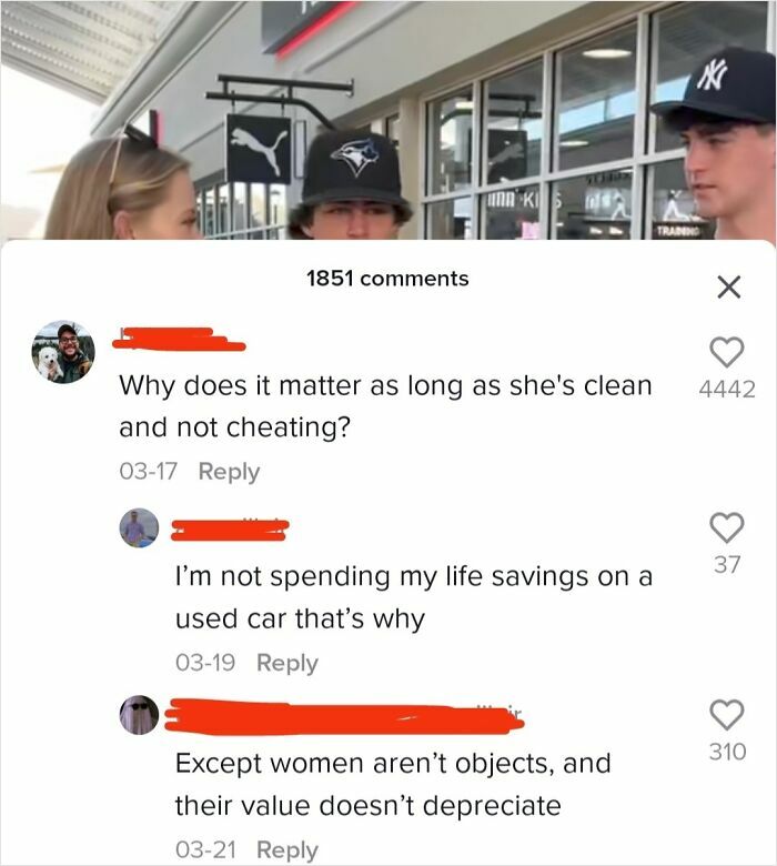 Three young men talking outside a store with comments highlighting sexist attitudes about women’s value.