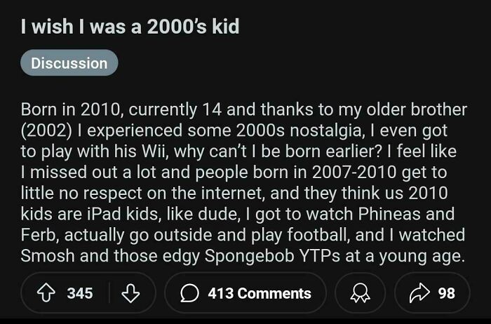 User sharing nostalgic feelings about 2000s childhood experiences, reflecting on rose tinted tolerance online.