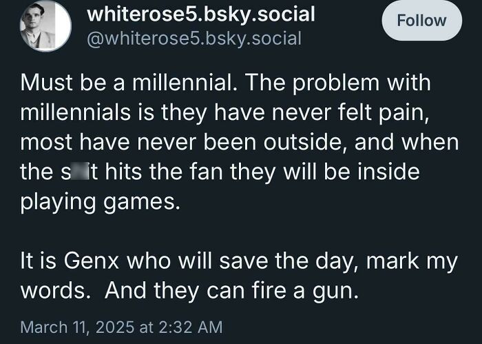 Social media post mocking millennials with rose tinted tolerance, praising Gen X as more resilient and capable.