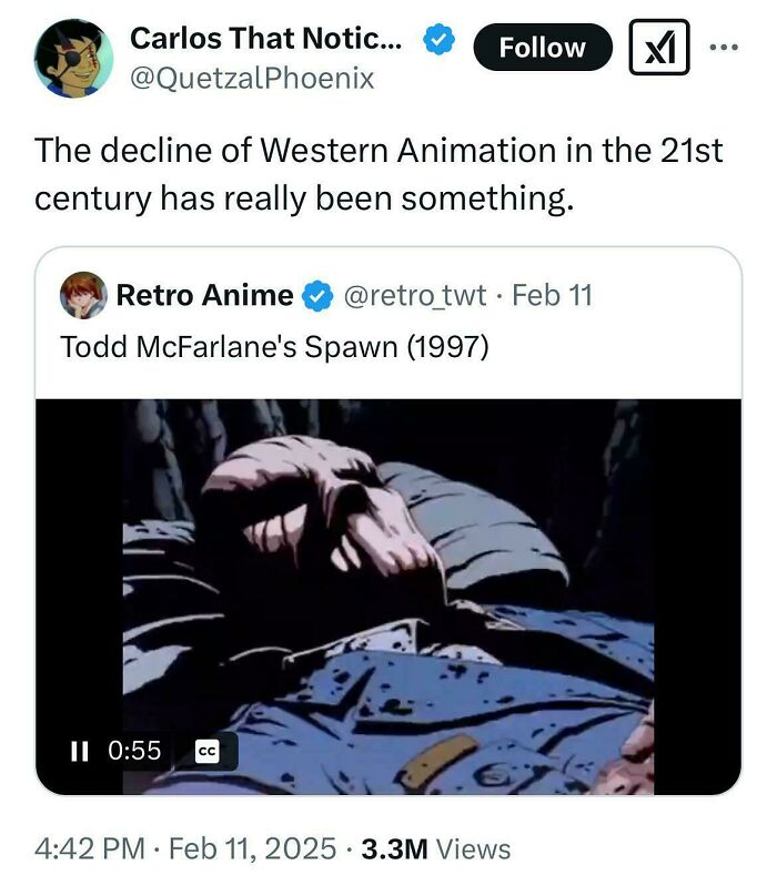 Tweet discussing the decline of Western animation with a clip from Todd McFarlane's Spawn, highlighting nostalgia in animation.
