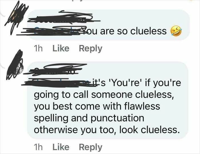 Screenshot of a social media comment thread showing a grammar correction, illustrating brains giving up on thinking.