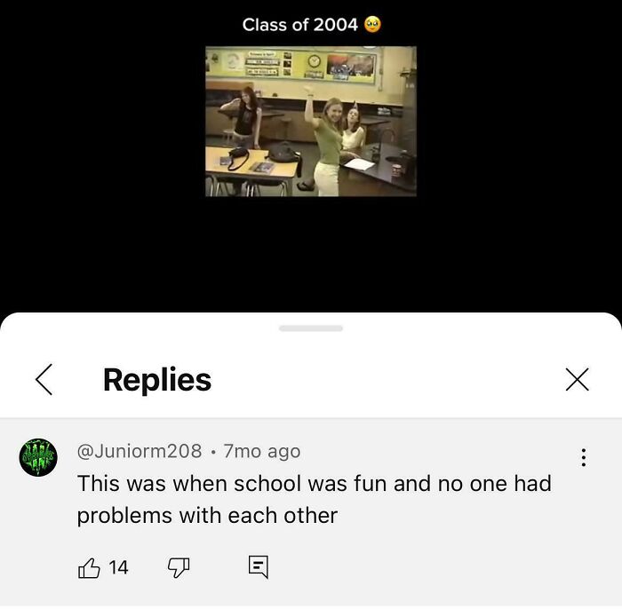 Class of 2004 nostalgia photo with people in classroom, showing rose tinted tolerance and online mockery comments.