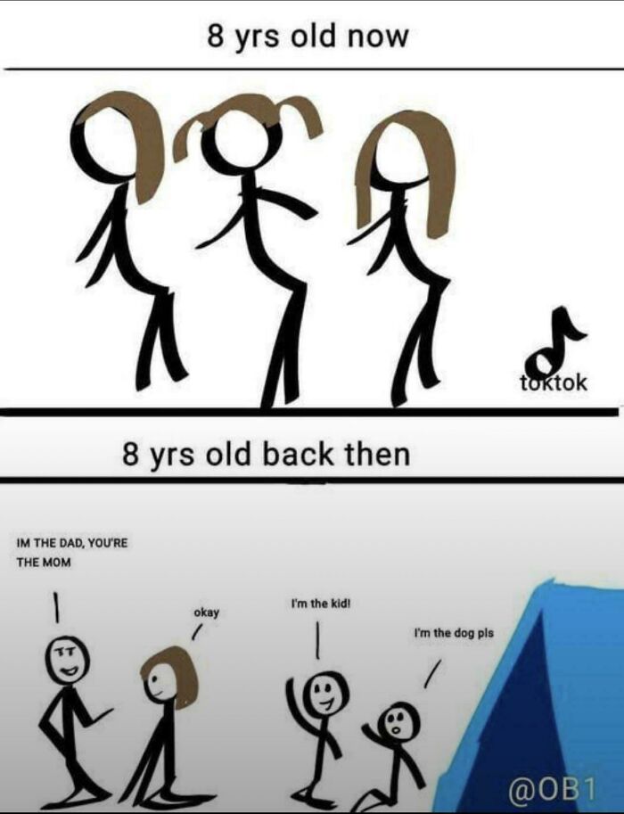 Stick figure drawing comparing how 8-year-olds act now versus back then in nostalgic tolerance humor.
