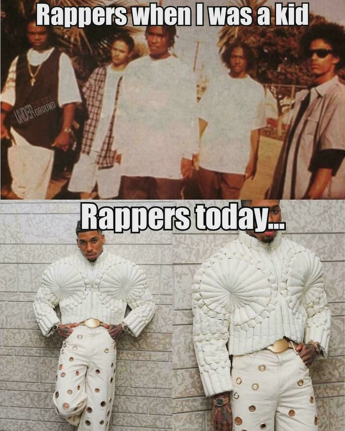Comparison of old and modern rap fashion highlighting nostalgia and how it can be mocked online for rose tinted tolerance.