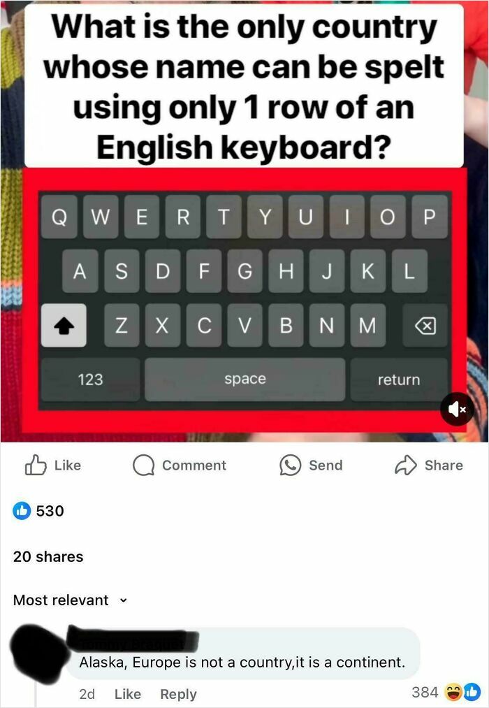 Question about spelling a country's name using one keyboard row, highlighting common brain mistakes and confusion about geography.